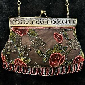 Gorgeous Beaded Bronze Accent Evening Bag 6.5” Wide x 6.5” Long Chain 48”